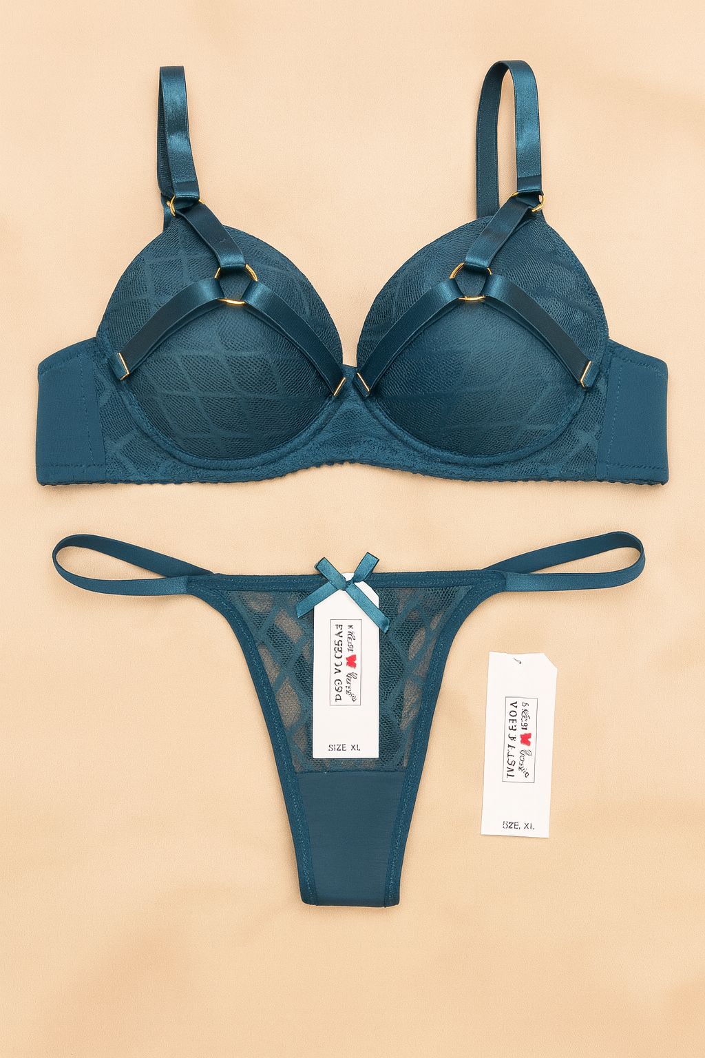 Sultry Strappy Lace Bra & Thong Set – Bold Elegance in Every Detail