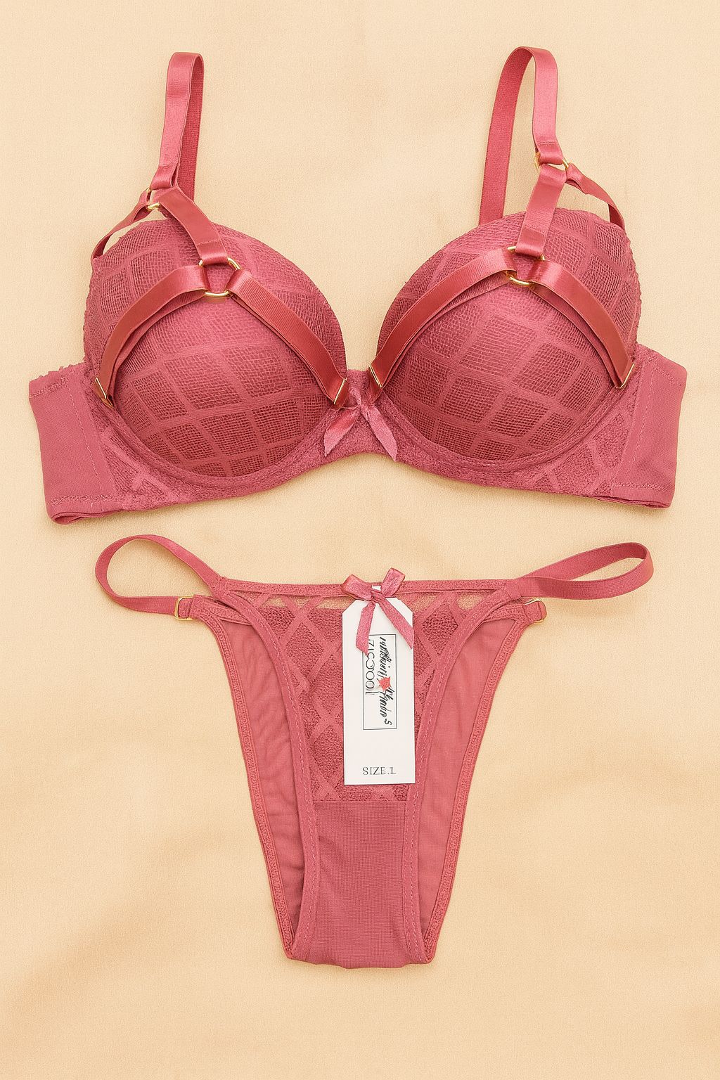Sultry Strappy Lace Bra & Thong Set – Bold Elegance in Every Detail