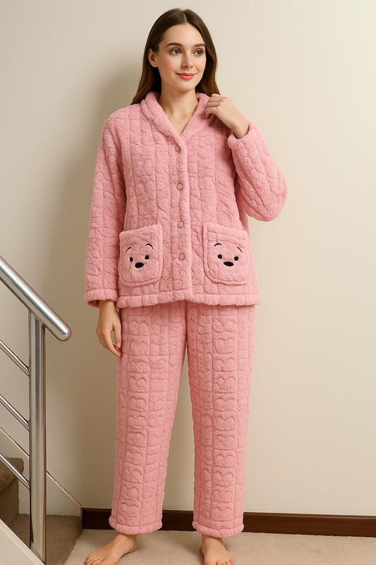 Imported Ladies Fleece Trouser & Shirt Set – Winter Collection (Pink)