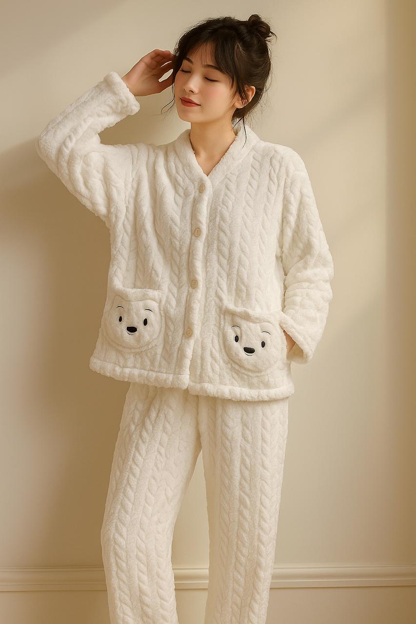 Imported Ladies Fleece Trouser & Shirt Set – Winter Collection (With Black Emoji)