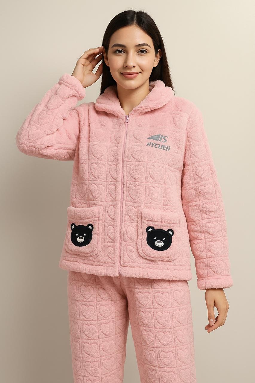 Imported Ladies Fleece Trouser & Shirt Set – Winter Collection (With Front Zip)