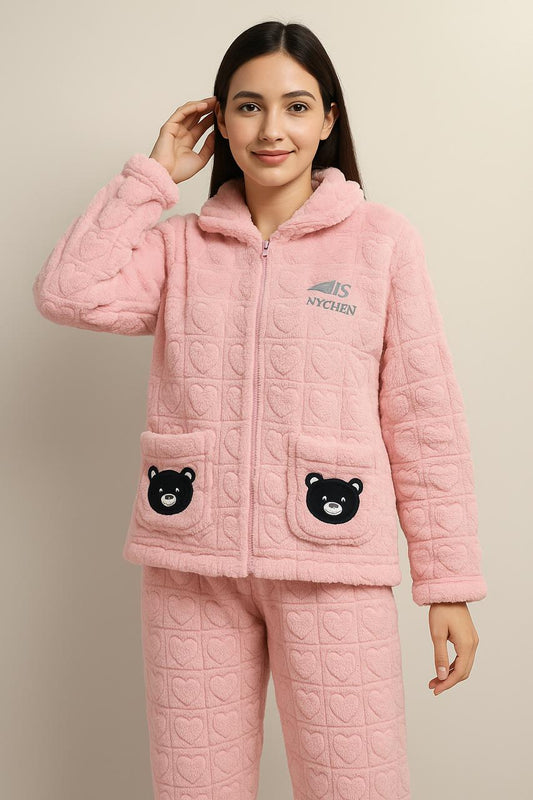 Imported Ladies Fleece Trouser & Shirt Set – Winter Collection (With Front Zip)