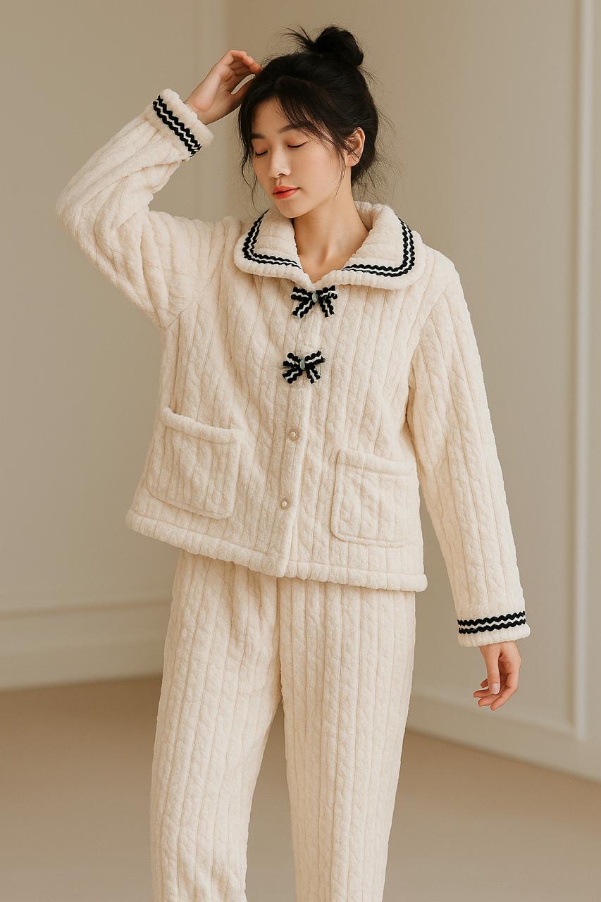 Imported Ladies Fleece Trouser & Shirt Set – Winter Collection (With Black Dori Lace)