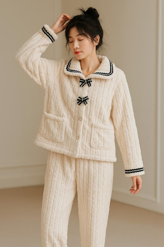 Imported Ladies Fleece Trouser & Shirt Set – Winter Collection (With Black Dori Lace)