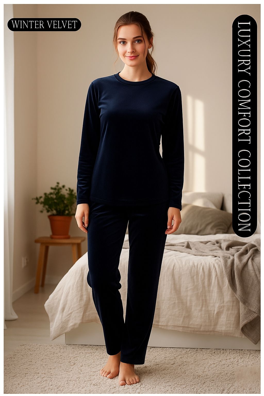 Women's Winter Velvet Lounge Set - Warm & Soft Pajama Suit (Midnight Blue)