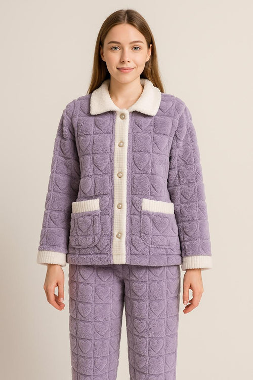 Imported Ladies Fleece Trouser & Shirt Set – Winter Collection (Light Purple With White Collar)