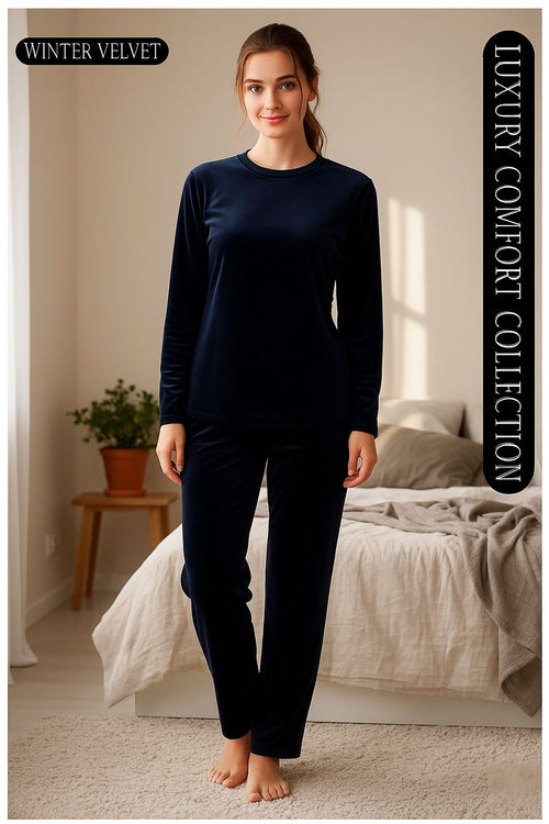 Women's Winter Velvet Lounge Set - Warm & Soft Pajama Suit (Midnight Blue)