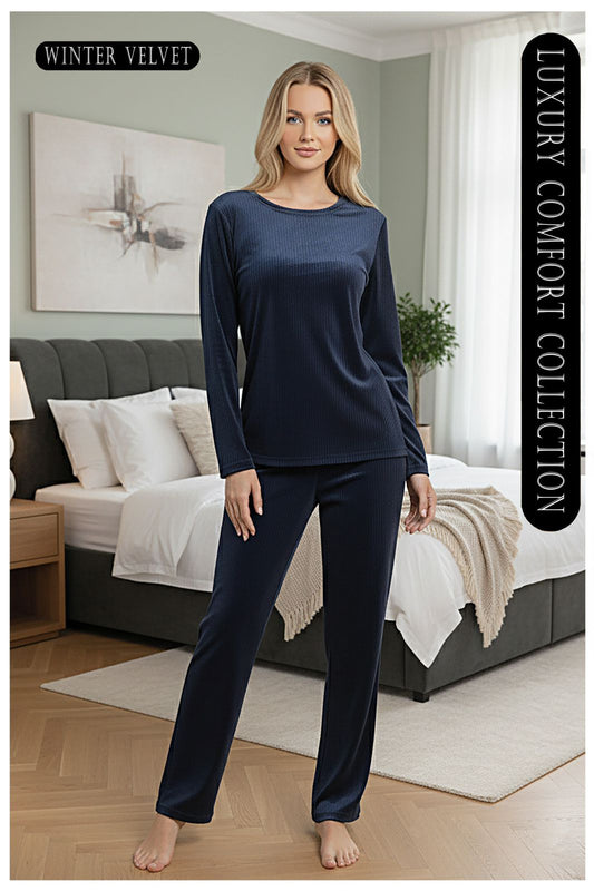 Women's Winter Velvet Lounge Set - Warm & Soft Pajama Suit (Navy Blue)
