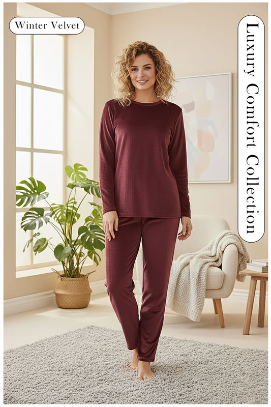 Women's Winter Velvet Lounge Set - Warm & Soft Pajama Suit (Velvet Maroon)